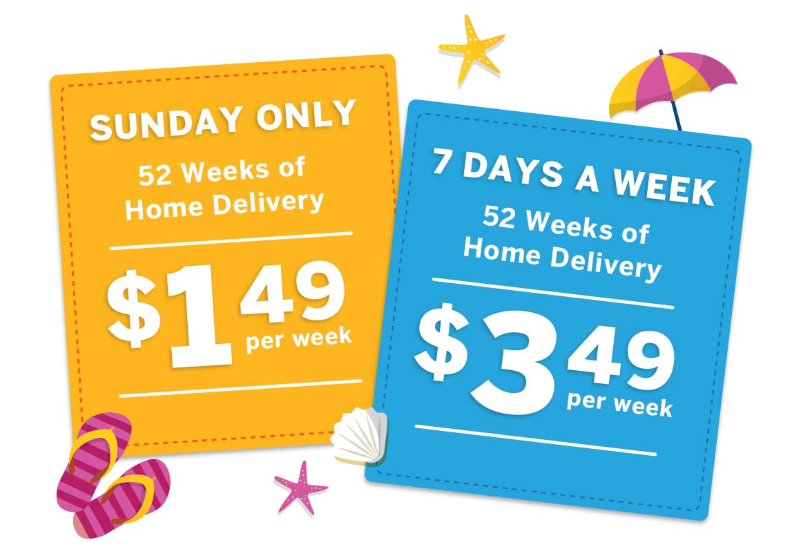 Sunday Only: 52 Weeks of Home Delivery for $1.49 per week OR 7 Days A Week: 52 Weeks of Home Delivery at $3.49 per week.